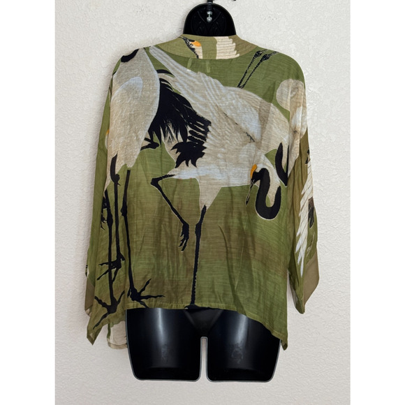 One Hundred Stars Short Kimono Jacket Bird Crane Print Asian Cover Up Open O/S - Picture 4 of 9